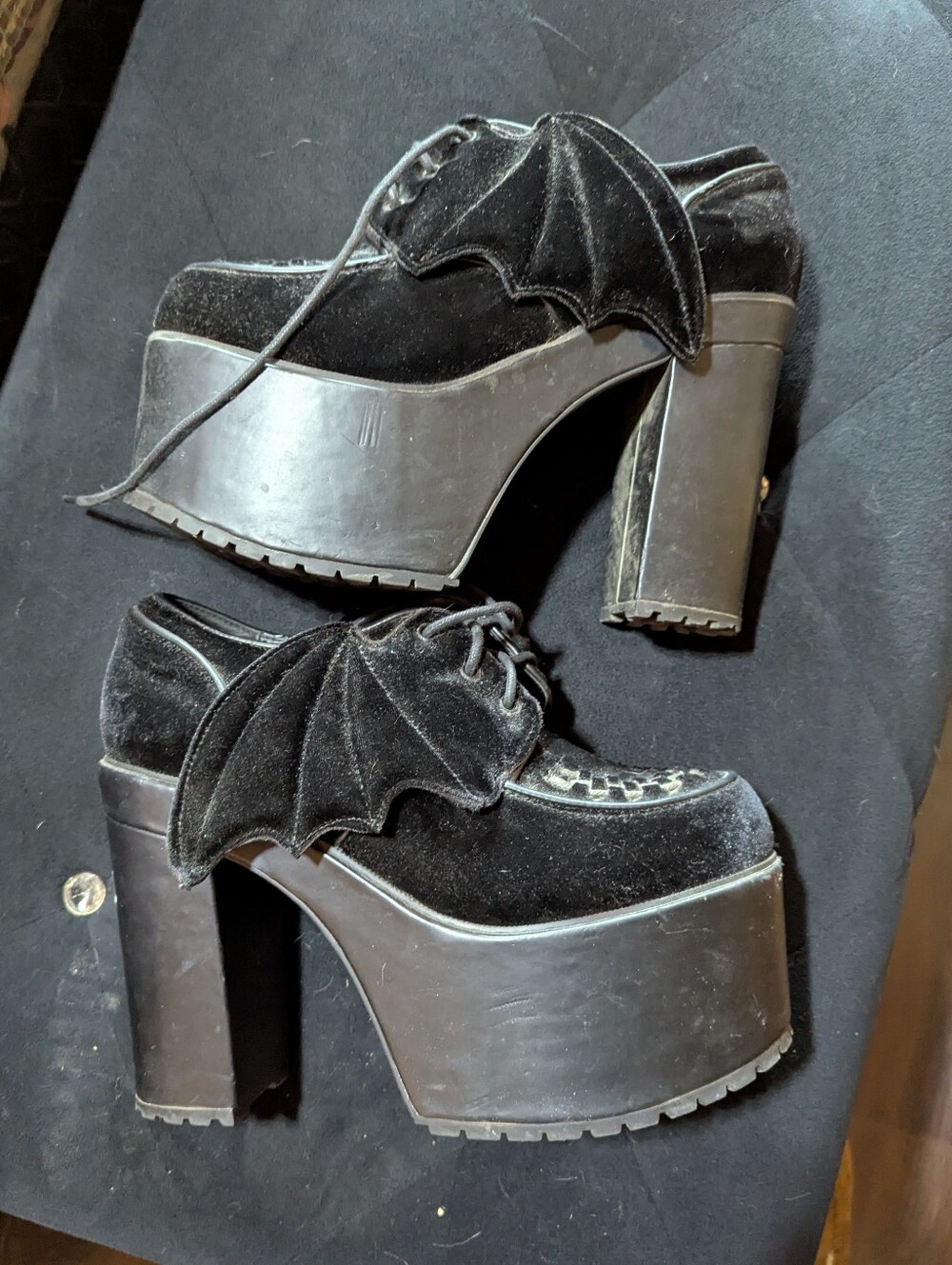 Current Mood Black Velvet Platform Lace-Up Heels with Bat Wing Accent